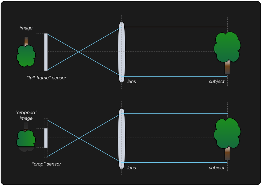 Two diagrams of a camera and lens, one with a full-frame sensor the other with a crop-sensor.