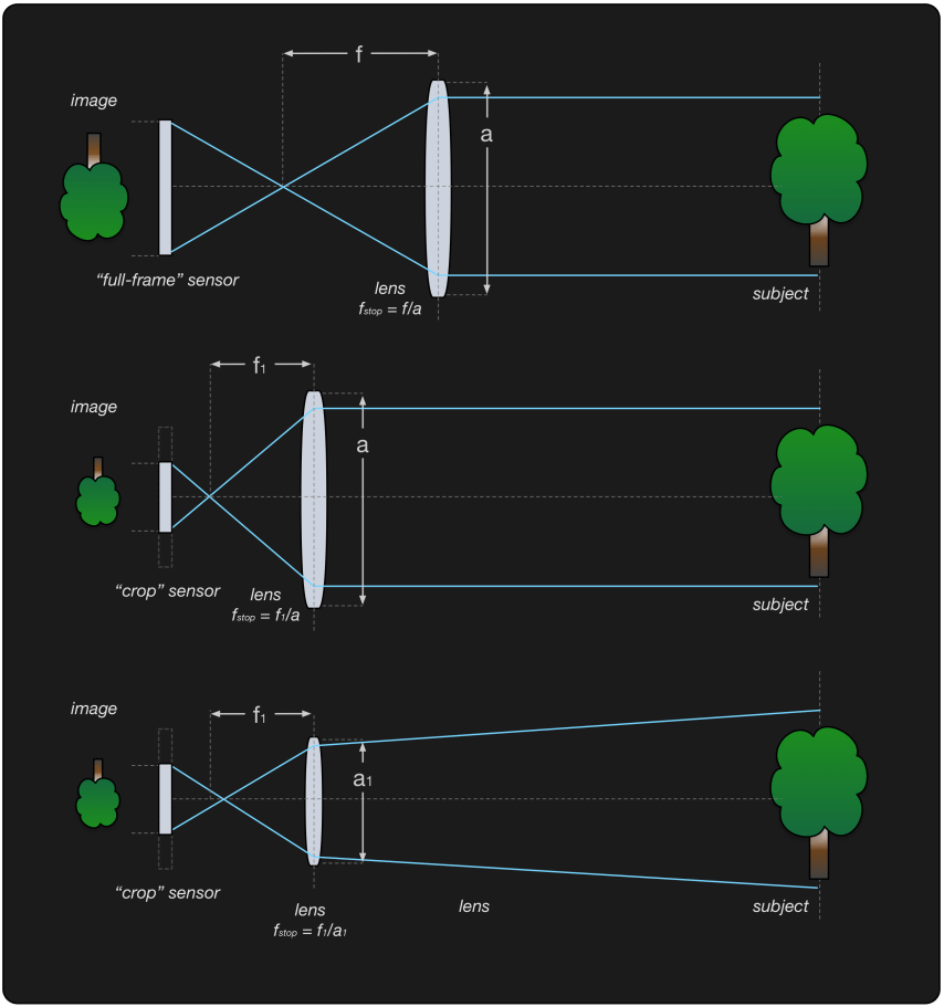 Diagram showing three possible full-frame and crop-sensor cameras with lenses to give the same field of view