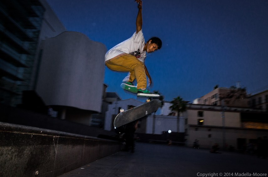 Skateboarder in mid-flight, Plaça dels Angels, Barcelona