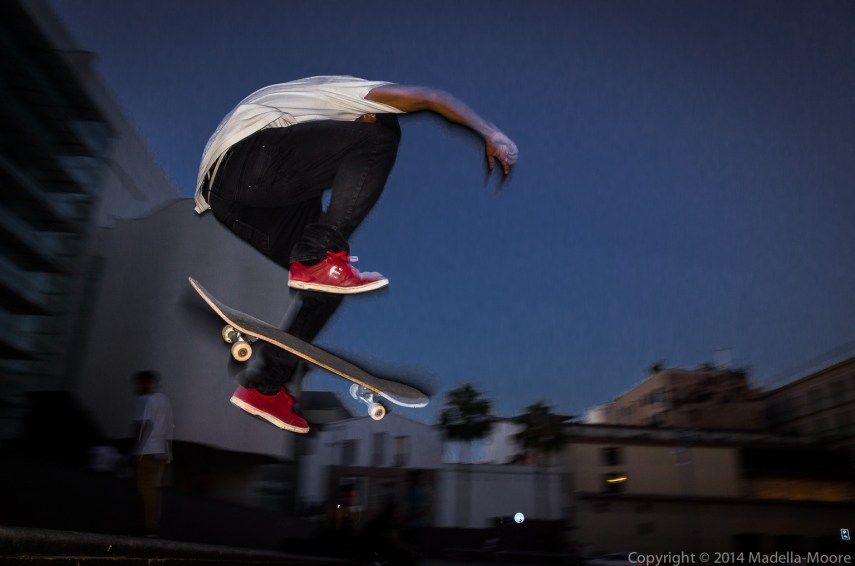 Skateboarder in mid-flight, Plaça dels Angels, Barcelona