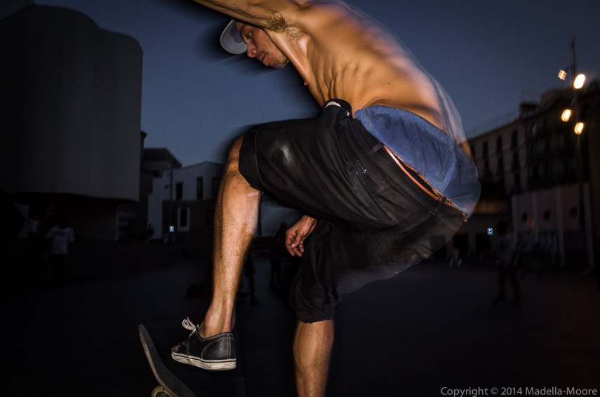 Skateboarder in mid-flight, Plaça dels Angels, Barcelona