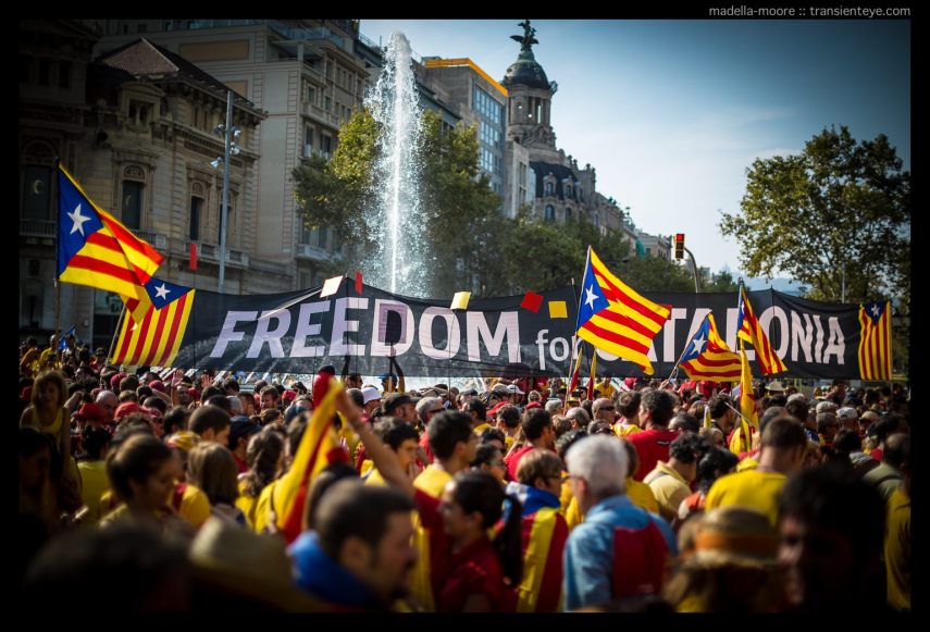 Banner reading Freedom for Catalonia, La Diada, Barcelona