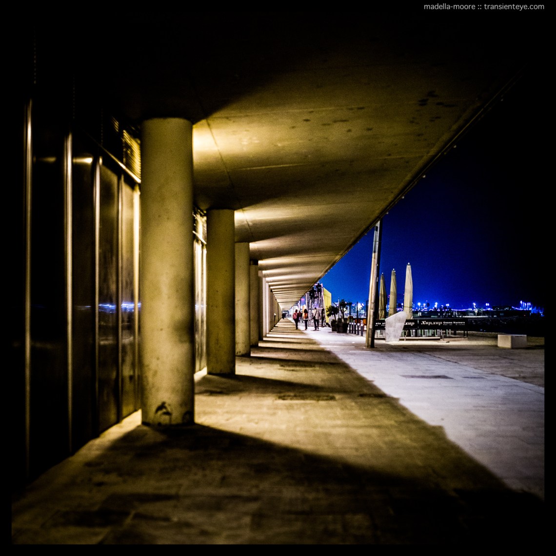 Night-time photograph along the beach front in Barceloneta.