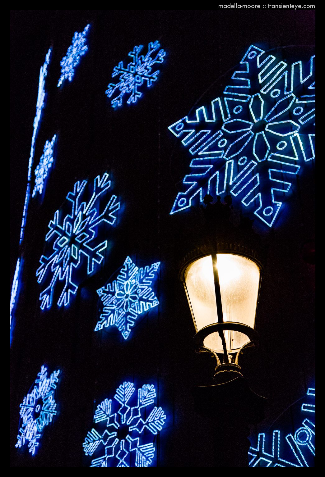 Street lamp and electronic snow flakes, Plaça Catalunya, Barcelona. Canon 5D Mark III with 24-105mm f4.