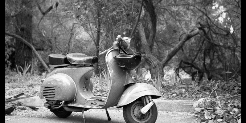 Black and white film photograph of an old scooter, San Francisco.