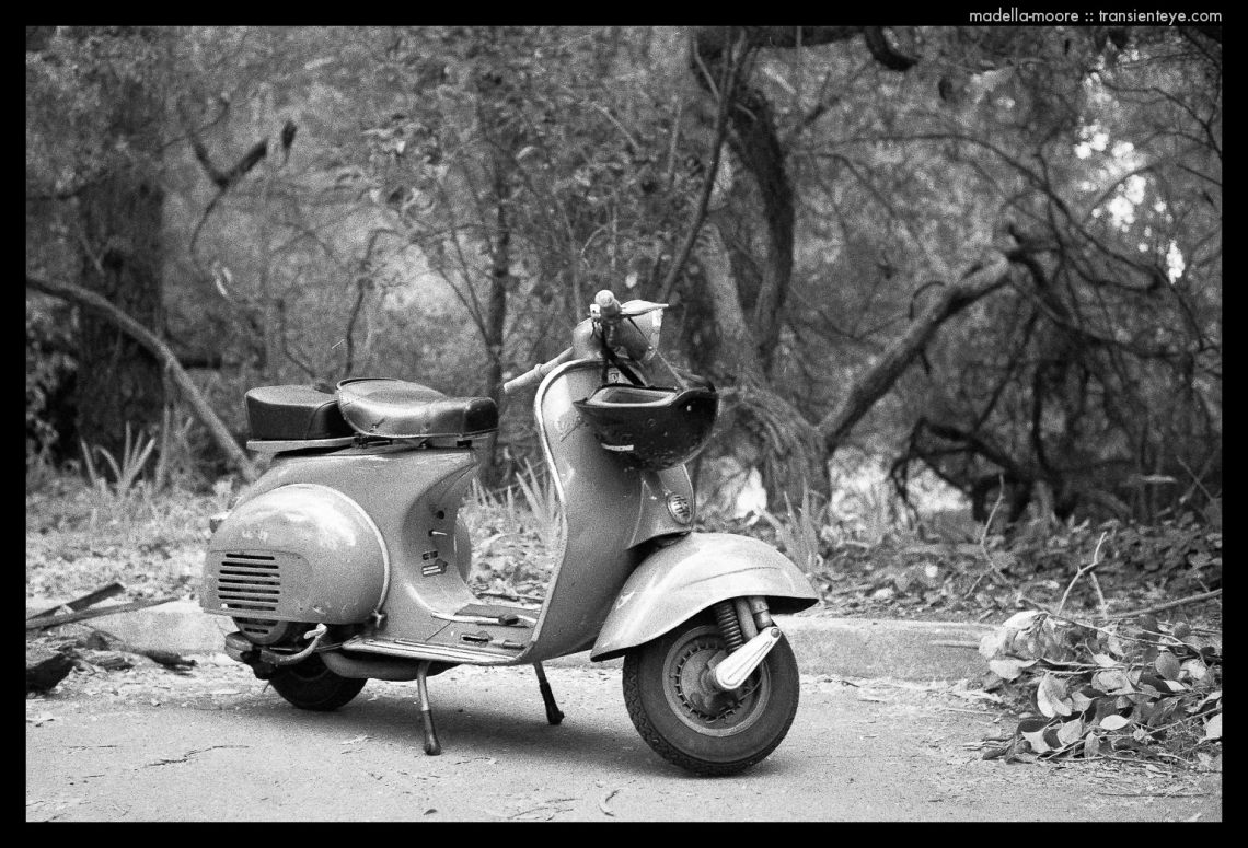 Black and white film photograph of an old scooter, San Francisco.