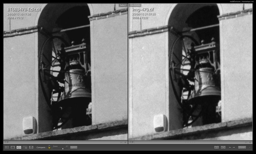 Comparison Canon macro photograph of a negative (left) and an Epson v850 scan 4800 dpi scan (right).
