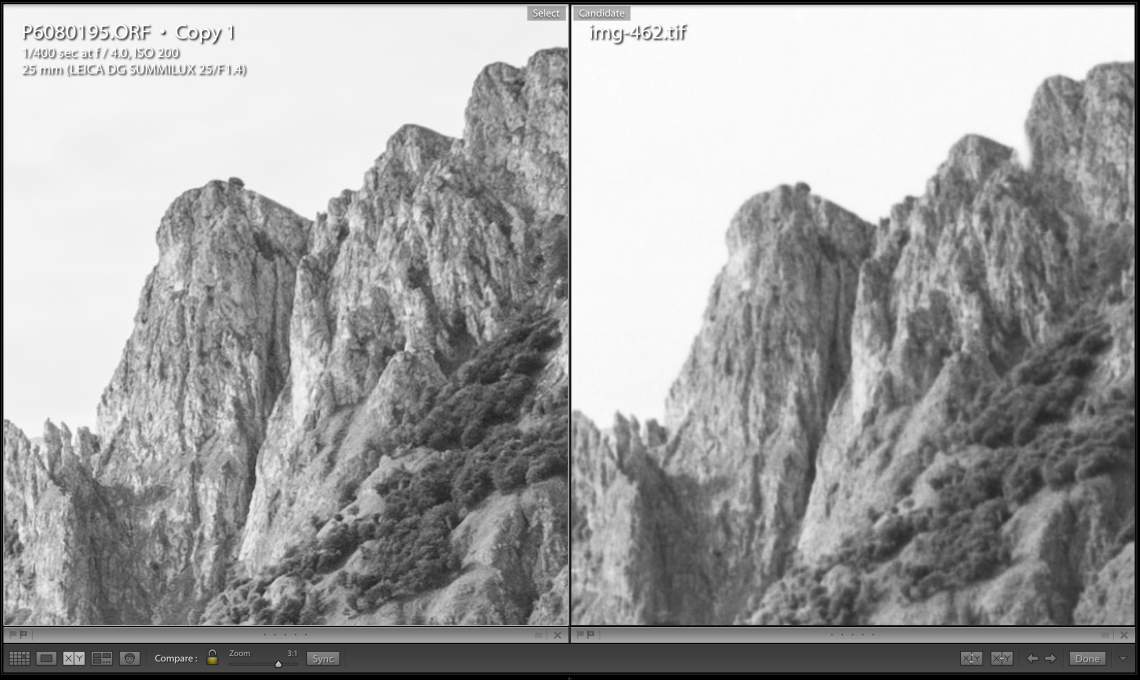 Mountain view image comparison between the Olympus E-M5 and Panasonic 25mm f1.4 and Leica M7 with Delta 100. film