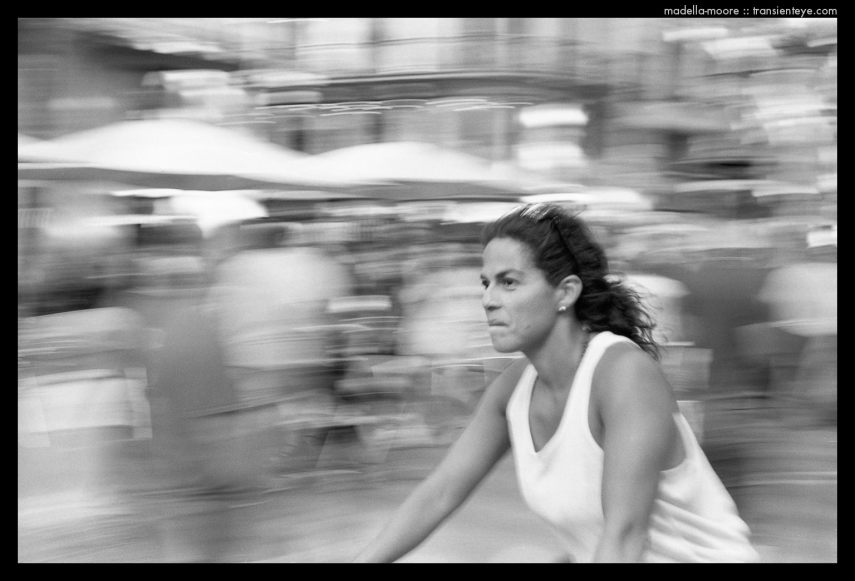 Blur - fast cyclist on Las Ramblas, Barcelona - Black and White Film Photograph