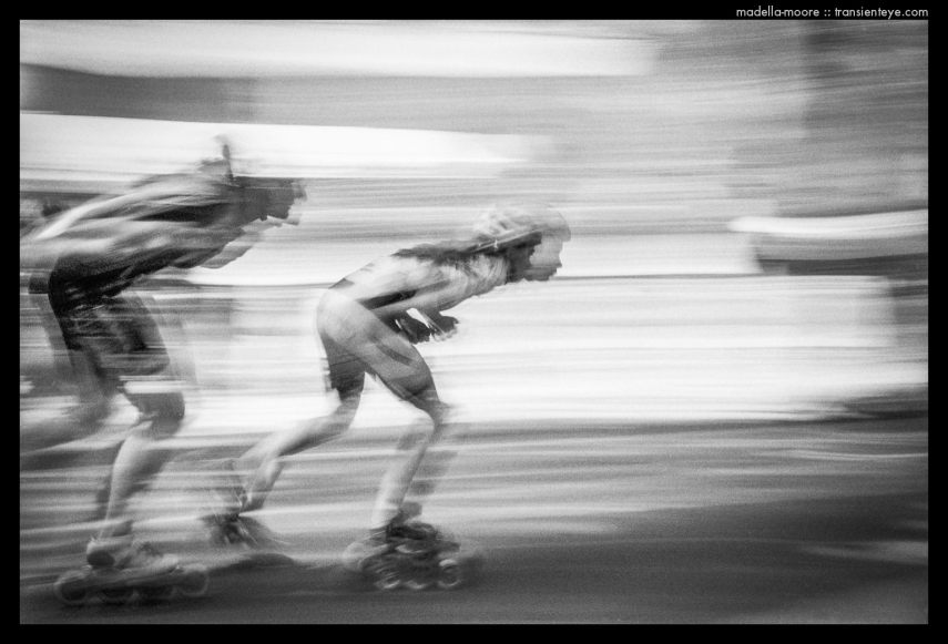Racing Rollerskaters at the Fiesta Mayor del Raval, Rambla del Raval, Barcelona – Motion Blurred Film Photography