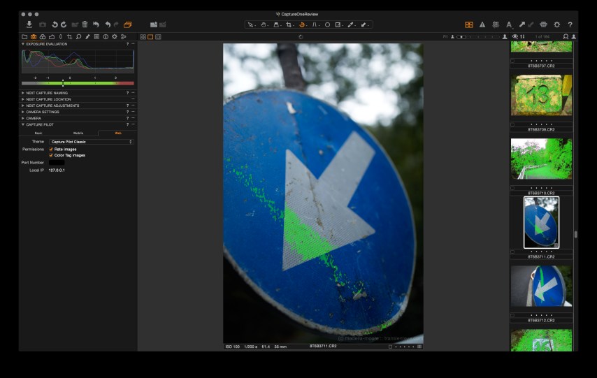 The exposure evaluation tool and focus overlay (here shown in green).