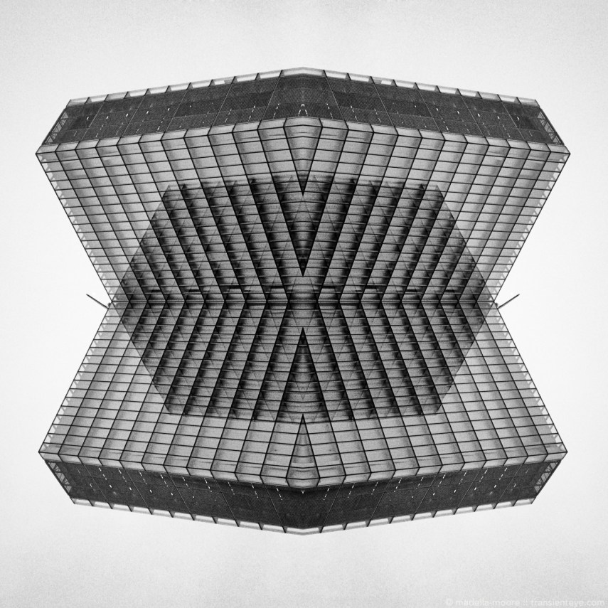 Abstracted skyscraper (Bibliothèque nationale de France) architecture, Paris. Photoshop composite of a black-and-white film image.