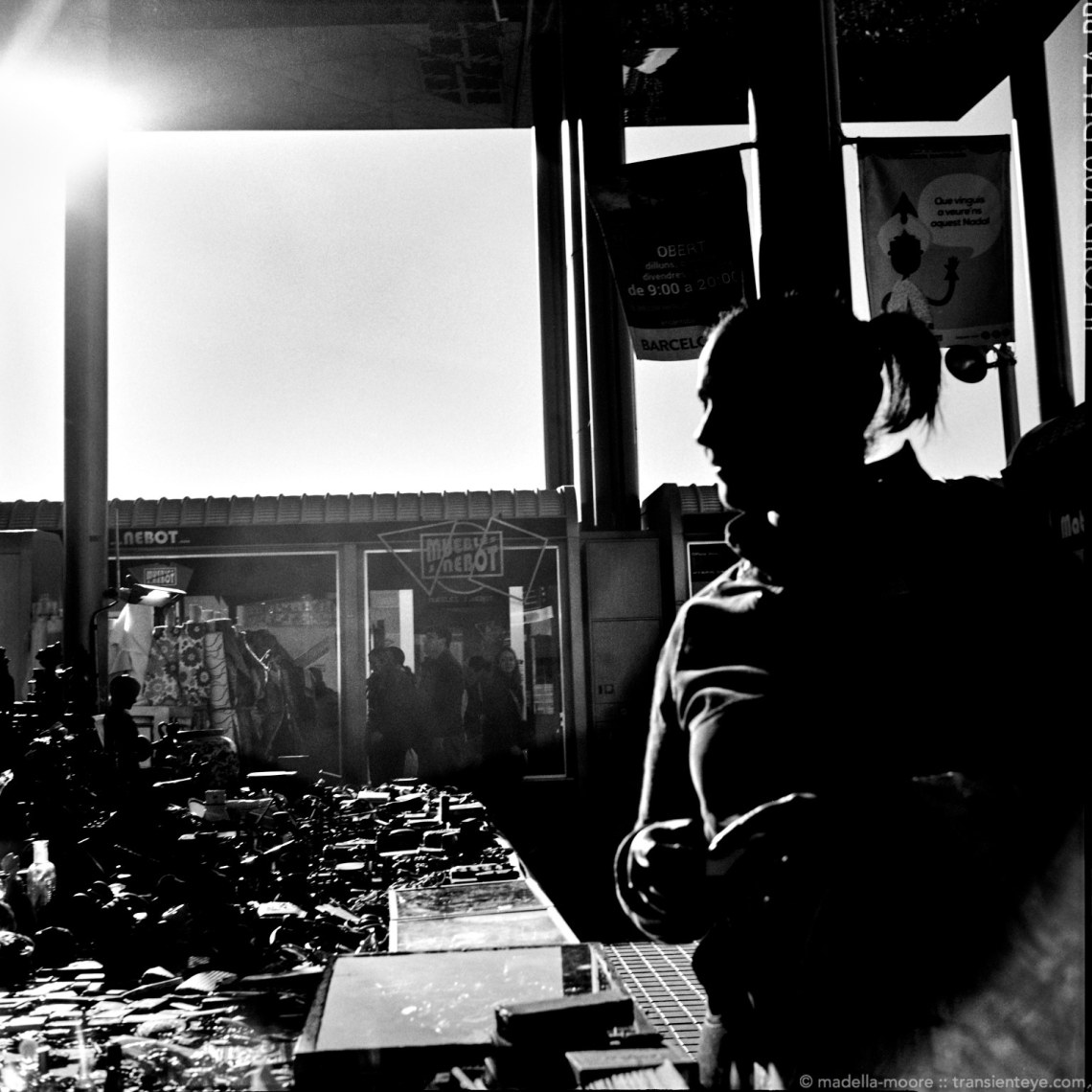 Encants market, photographed in high contrast with medium format black and white film using the Lubitel 166.