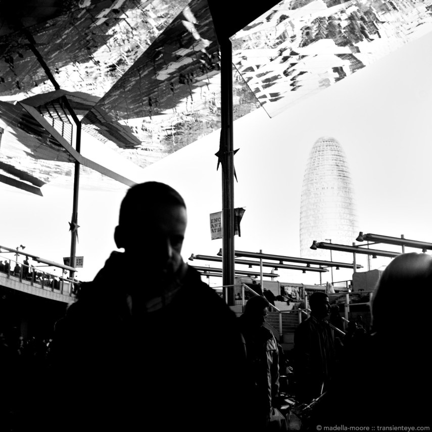 Encants market, photographed in high contrast with medium format black and white film using the Lubitel 166.