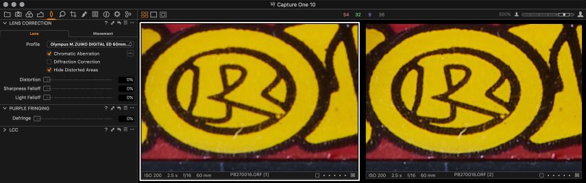 Diffraction Correction comparison at f16