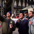 Tourists taking a selfie in front of a protest, Ocupació Popular de les Rambles, Barcelona, January&nbsp;2017