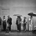 Voters queue in the rain, the Raval,&nbsp;Barcelona.