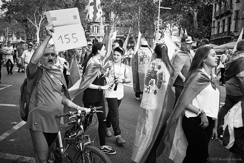 Protester waving a placard calling for Article 155 to be triggered to stop the independence movement.